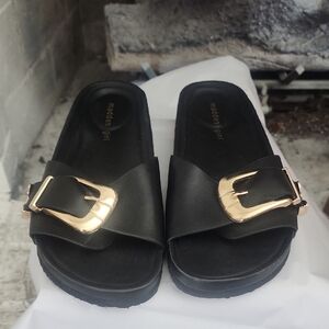 Madden Girl Black Sandals with Gold Accent